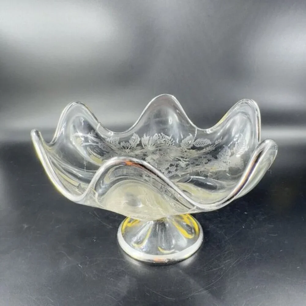 Vintage Viking Clear Footed Dish Bowl With Silver Overlay Flowers Pattern‎ VTG